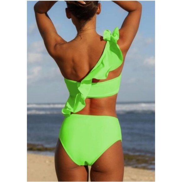 Hilinker L Womens Lime Green Large Ruffle One Shoulder Bikini Swimsuit 2 Piece - Picture 2 of 8